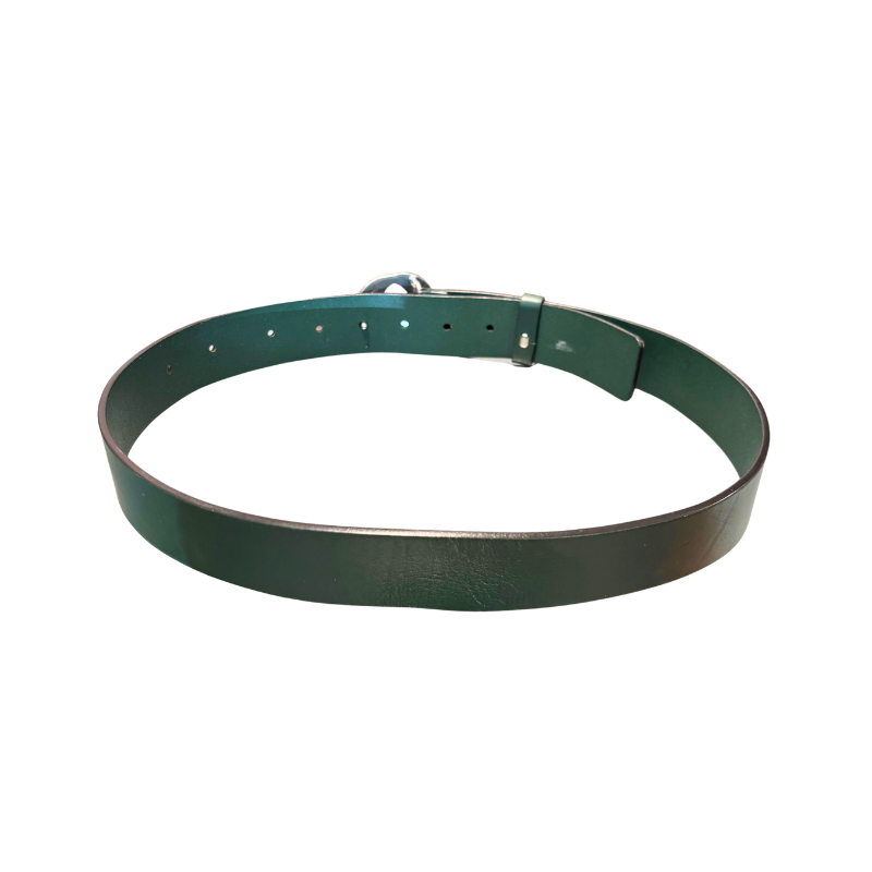 Back of Gucci GG Buckle Leather Belt on a white background.