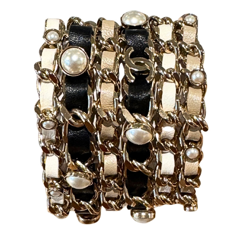 Chanel Leather & Faux Pearl Woven CC Wrap Bracelet