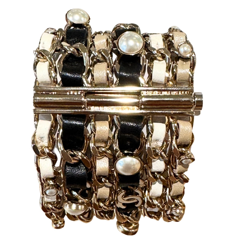 Chanel Leather & Faux Pearl Woven CC Wrap Bracelet
