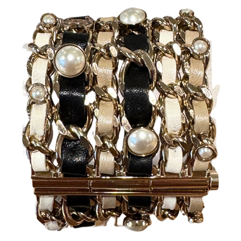 Chanel Leather & Faux Pearl Woven CC Wrap Bracelet