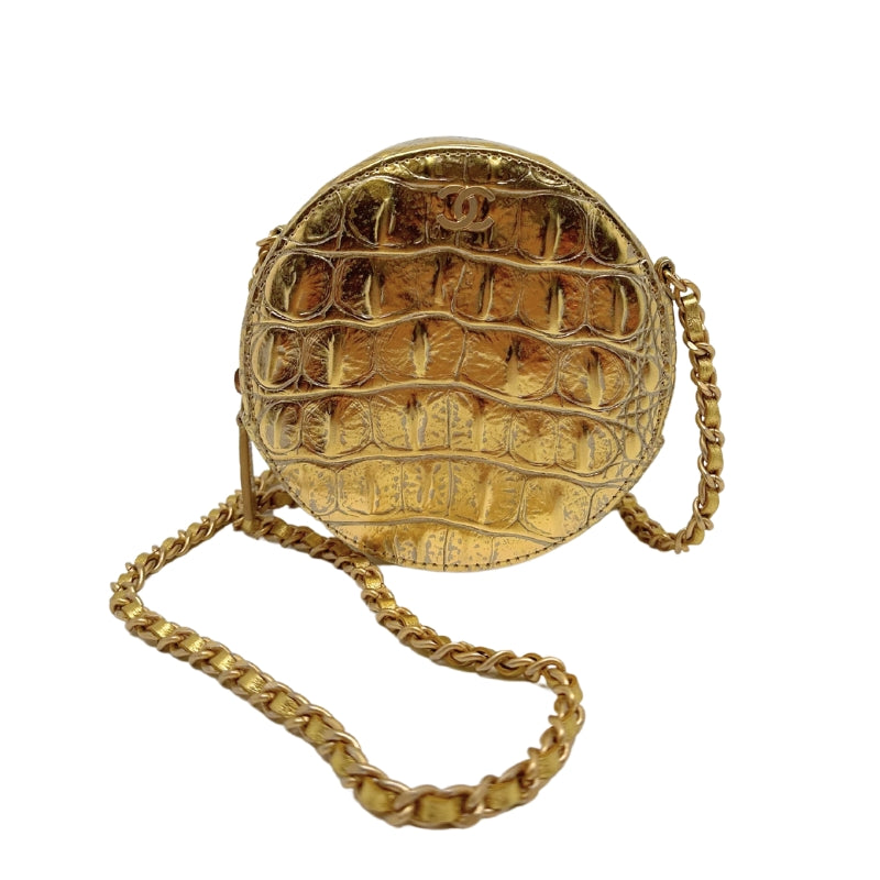 Chanel Gold Croc Round Crossbody Bag Gold Calfskin Gold-Toned Hardware Grosgrain Lining & Black Interior Black Dual Interior Pockets Zip Closure at Top
