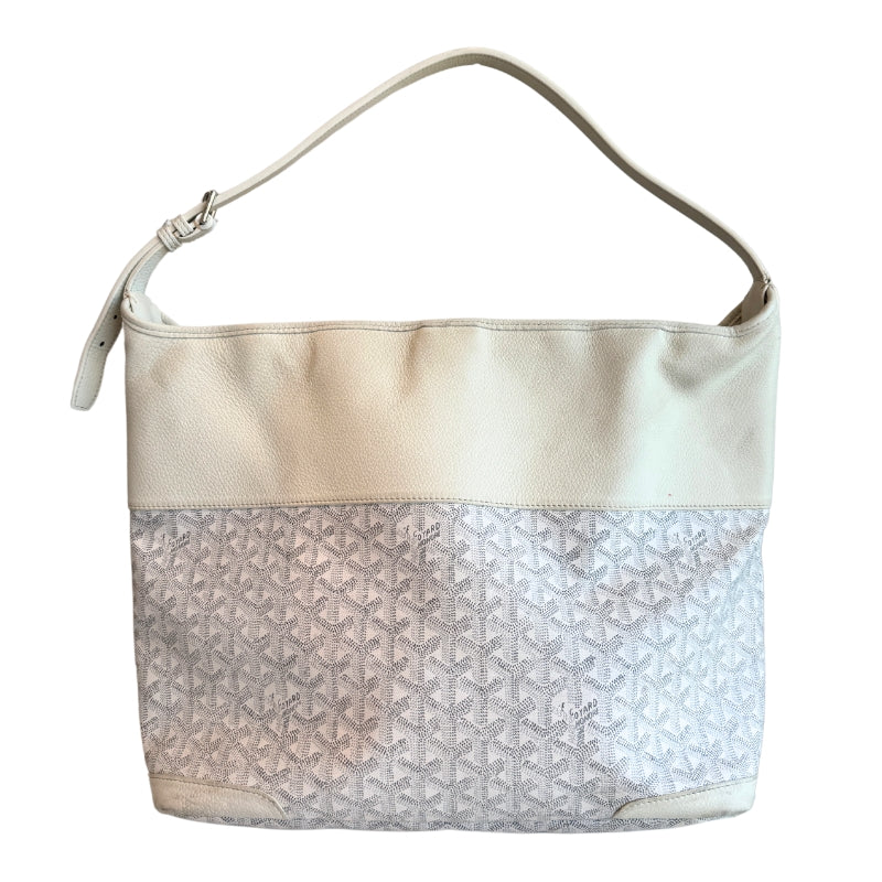 Goyard Grenadine Hobo
White
Colorblock Pattern
Goyardine 
Silver-Toned Hardware
Leather Trim
Single Adjustable Shoulder Strap
Leather Trim Embellishment 
Canvas Lining 
Zip Closure 