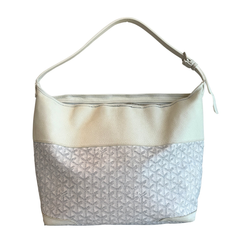 Goyard Grenadine Hobo
White
Colorblock Pattern
Goyardine 
Silver-Toned Hardware
Leather Trim
Single Adjustable Shoulder Strap
Leather Trim Embellishment 
Canvas Lining 
Zip Closure 