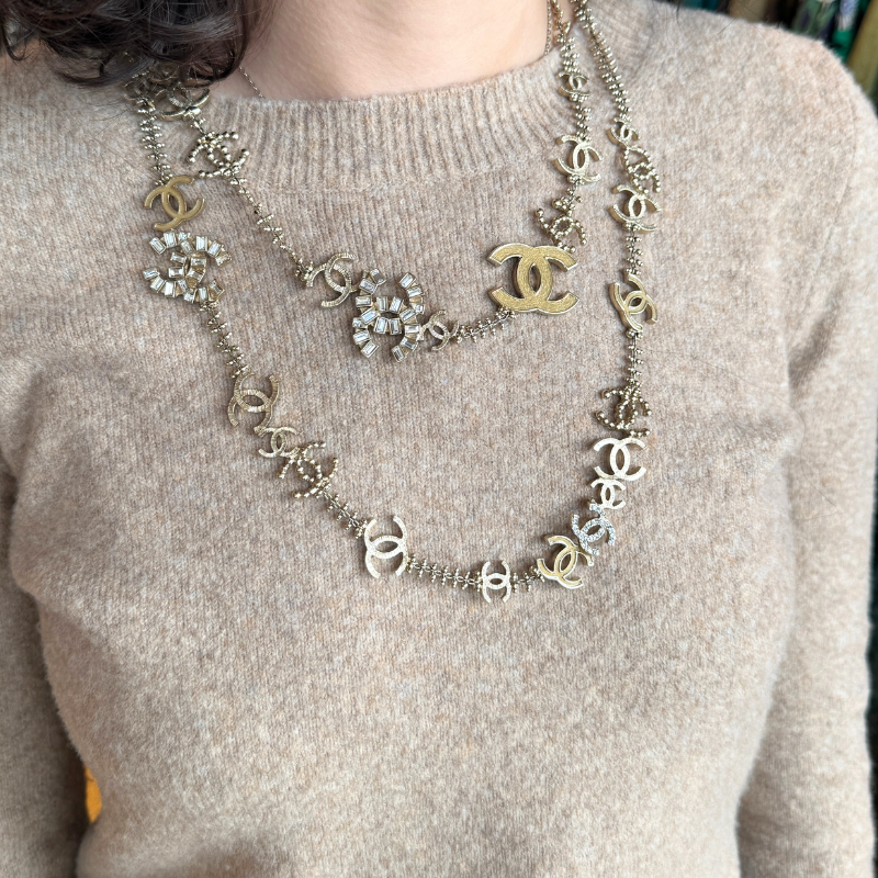 Chanel Light Gold Interlocking CC Crystal Motif Long Necklace/Belt