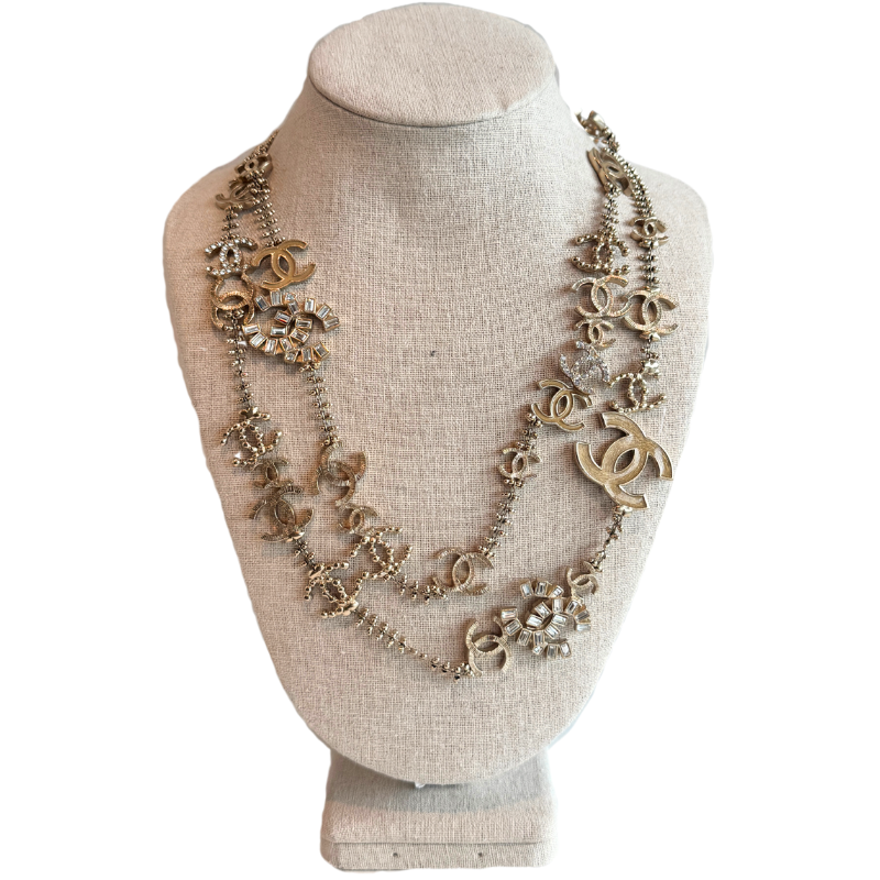 Chanel Light Gold Interlocking CC Crystal Motif Long Necklace/Belt