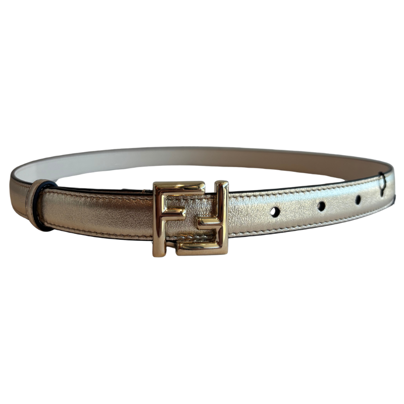 A metallic gold leather belt with a signature interlocking 'F' buckle, photographed on a clean white background.