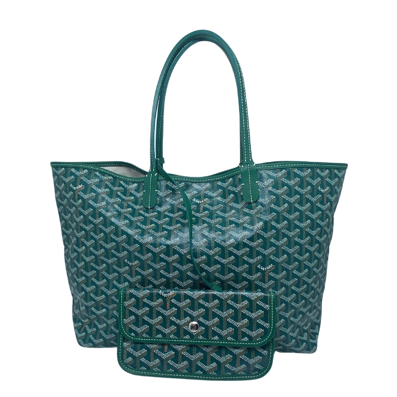 Goyard St. Louis PM Tote Green Printed Goyardine Silver-Toned Hardware Leather Trim Dual Shoulder Straps Canvas Lining Open Top Includes Matching Goyard Pouch