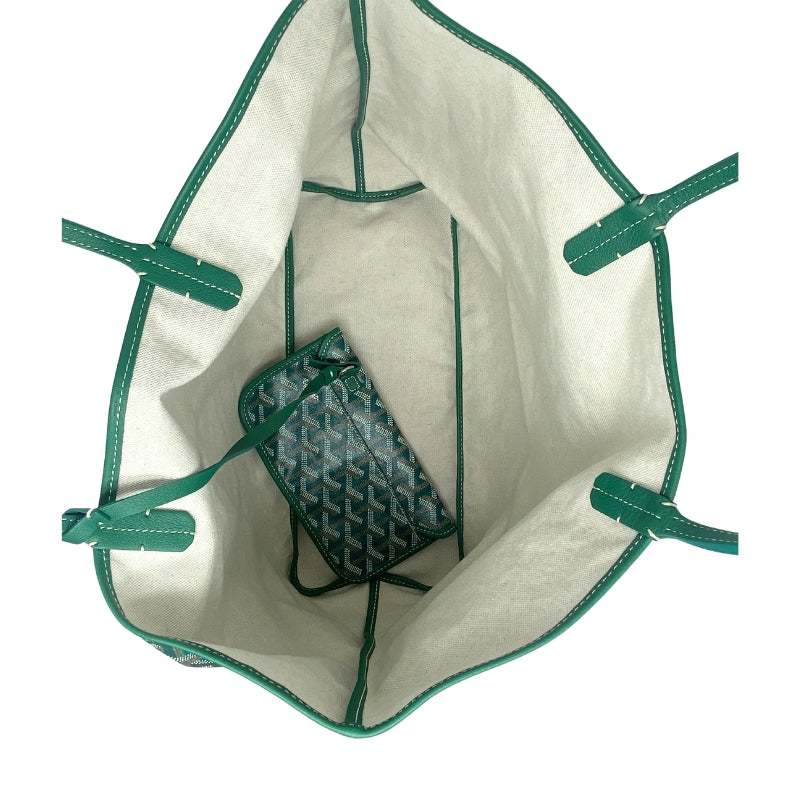 Goyard St. Louis PM Tote Green Printed Goyardine Silver-Toned Hardware Leather Trim Dual Shoulder Straps Canvas Lining Open Top Includes Matching Goyard Pouch
