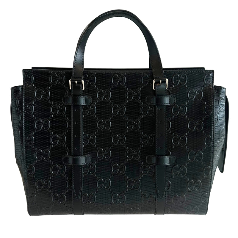 Gucci Tennis Tote 
Embossed Tote
Structured Tote 
Leather Bag 
Silver-Toned Hardware 
Adjustable Handles 
Top Zipper 