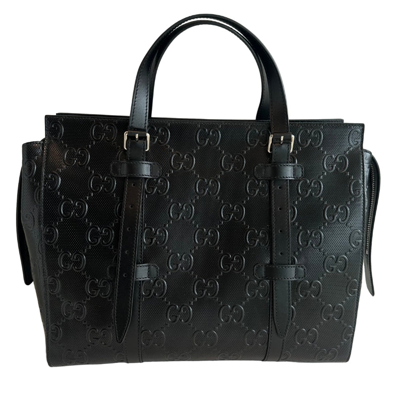 Gucci Tennis Tote 
Embossed Tote
Structured Tote 
Leather Bag 
Silver-Toned Hardware 
Adjustable Handles 
Top Zipper 