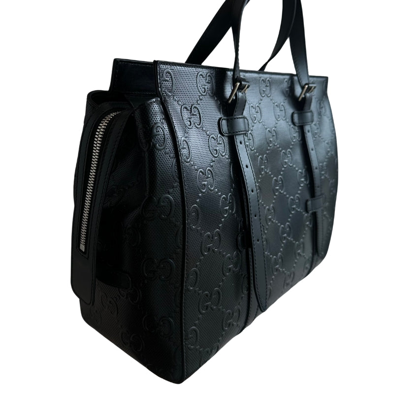 Gucci Tennis Tote 
Embossed Tote
Structured Tote 
Leather Bag 
Silver-Toned Hardware 
Adjustable Handles 
Top Zipper 