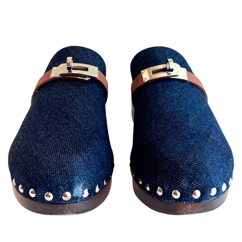 Hermes Denim Carlotta Mules Bleu Brut Gold