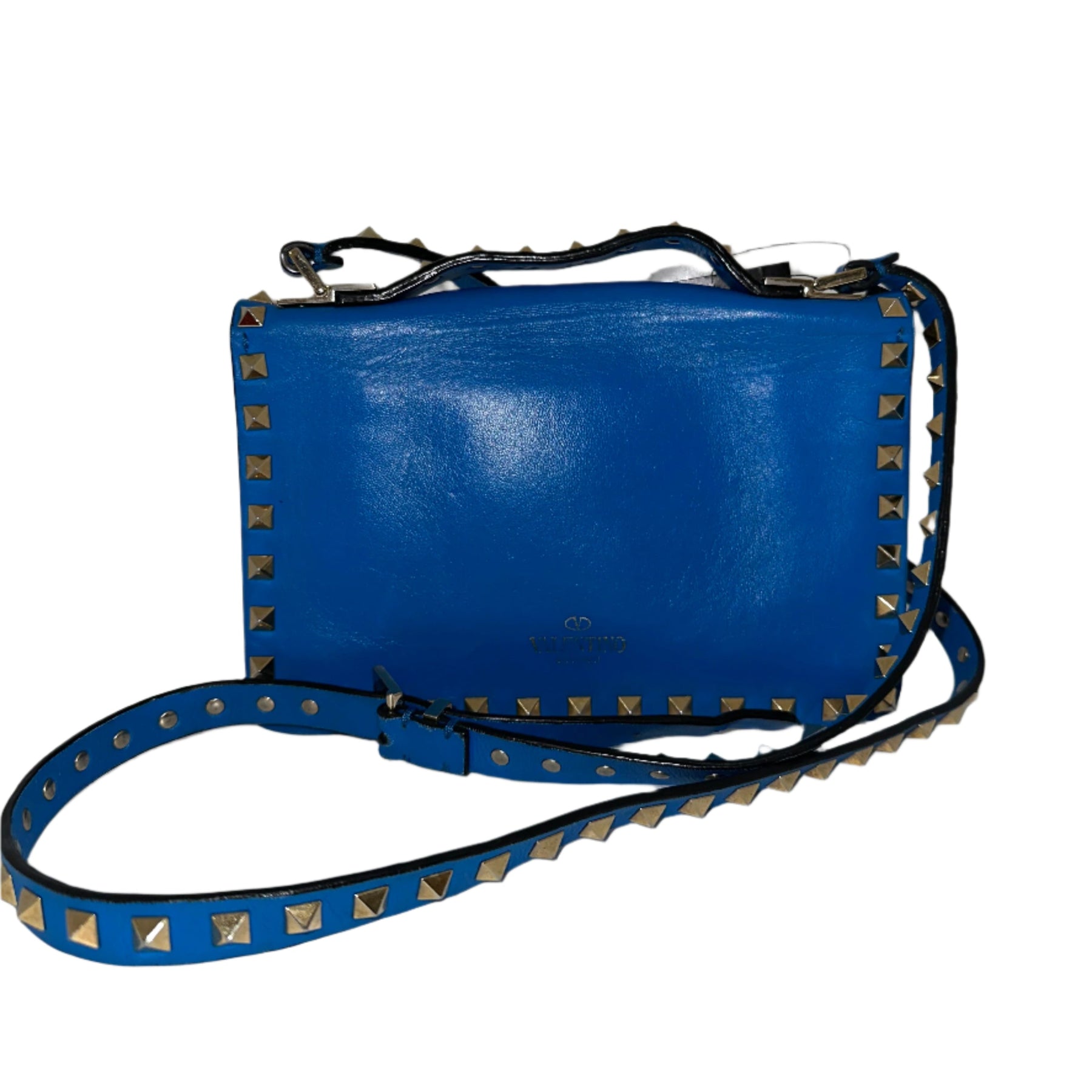 Valentino Rockstud Crossbody
Blue Leather
Front Flap
Silver-Toned Hardware
Crossbody Bag
