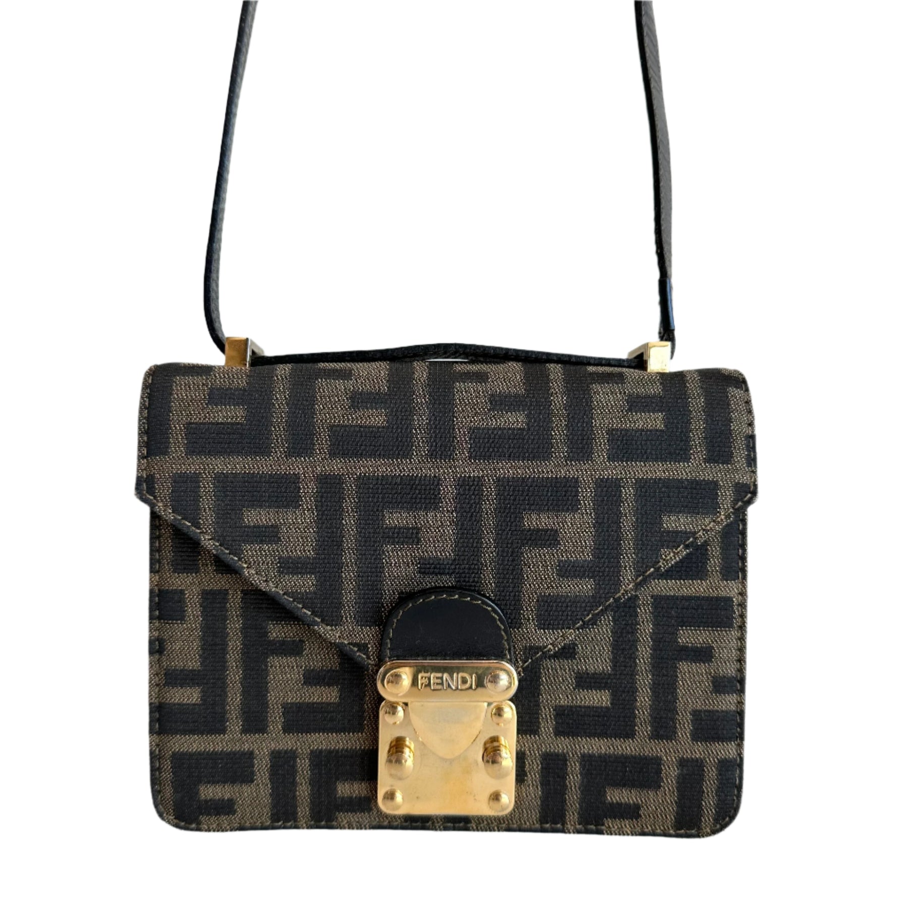 Fendi Zucca Flap Crossbody
Zucca Calfskin in Brown
Dark Brown Leather Strap
Push Lock Closure 