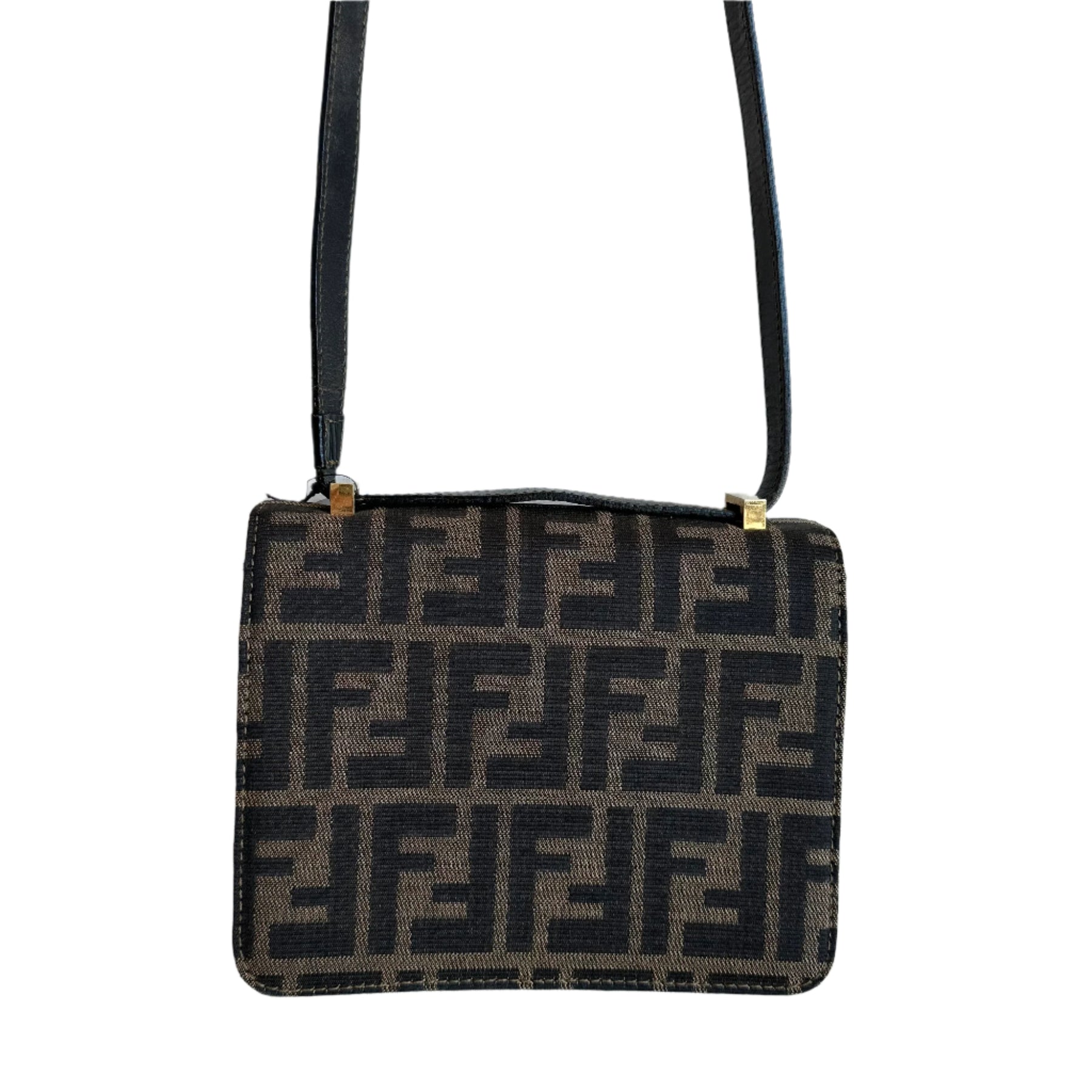 Fendi Zucca Flap Crossbody
Zucca Calfskin in Brown
Dark Brown Leather Strap
Push Lock Closure 