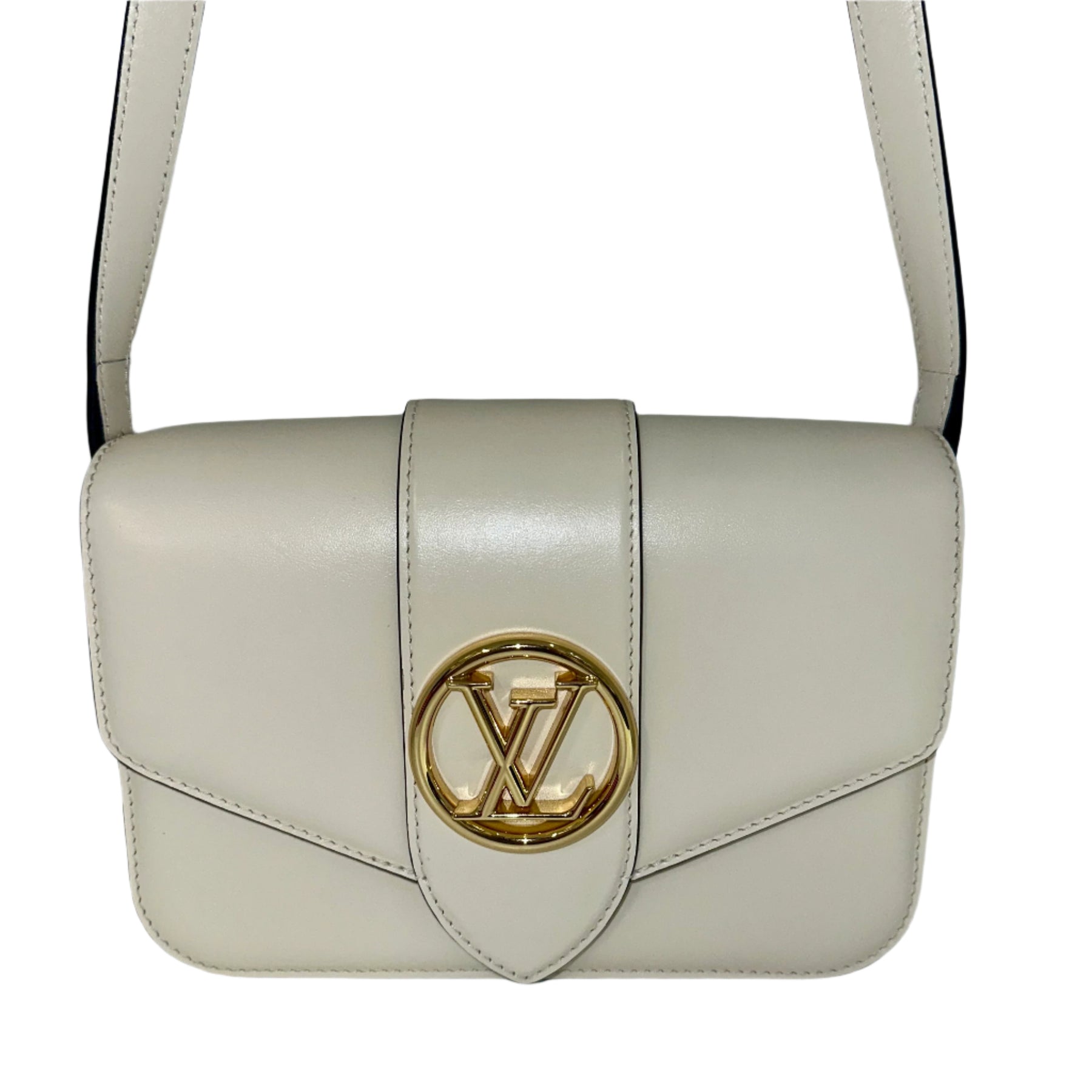 Louis Vuitton Pont 9
Smooth Cream Calfskin
Shoulder Strap
LV Logo Circular Medallion
Gold-Toned Hardware
Blue Leather Interior 