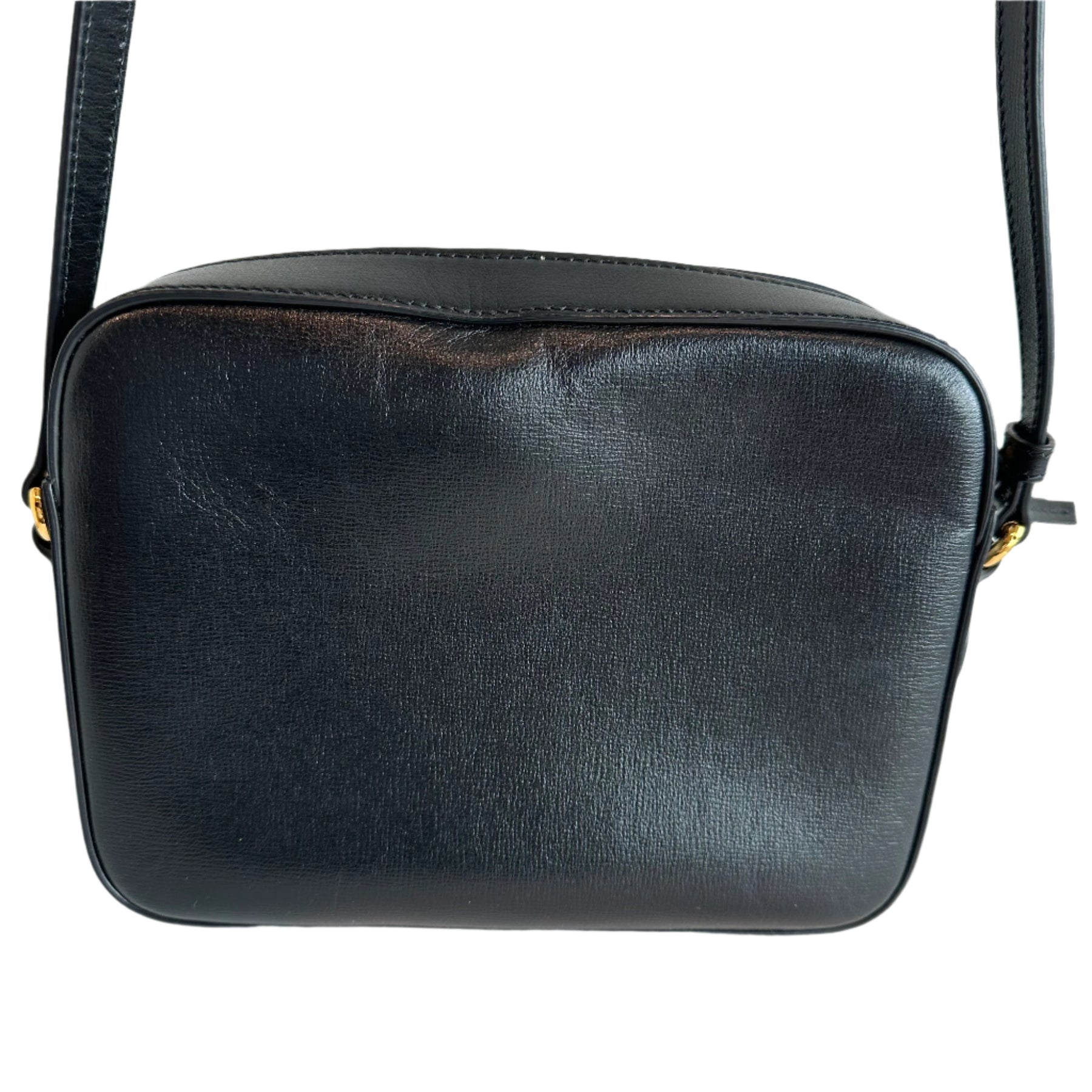 Gucci Calfskin Shoulder Bag
Smooth Black Leather
Gold Horse-Bit Detail
Top Zipper
Beige Leather Fabric 