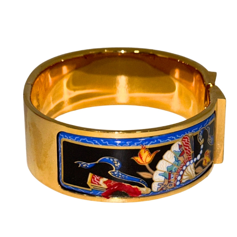 Hermes Enamel Bangle Gold/Black/Blue Yellow Gold Push and Snap Opening Includes Designer Box 