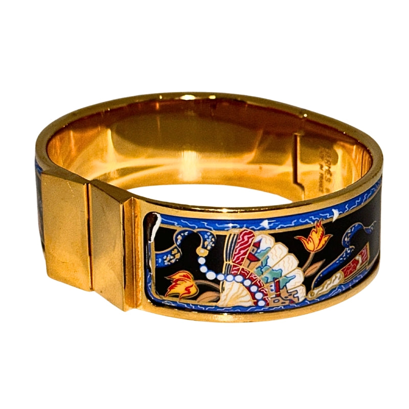 Hermes Enamel Bangle Gold/Black/Blue Yellow Gold Push and Snap Opening Includes Designer Box 
