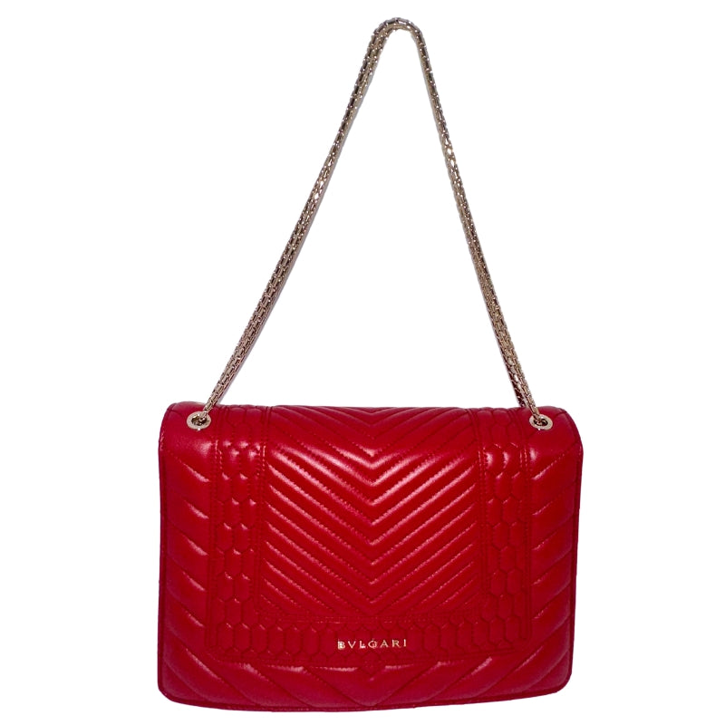 BVLGARI Serpenti Forever Bag Red Quilted Scagile Leather Gold-Toned Hardware Snake Embellishment Chain Link Shoulder Strap Pink and Red Leather Interior Two Zipper Pockets in Interior Snap Closure at Front Box & Dust Bag Included 