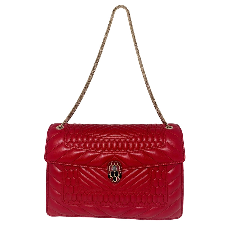 BVLGARI Serpenti Forever Bag Red Quilted Scagile Leather Gold-Toned Hardware Snake Embellishment Chain Link Shoulder Strap Pink and Red Leather Interior Two Zipper Pockets in Interior Snap Closure at Front Box & Dust Bag Included 