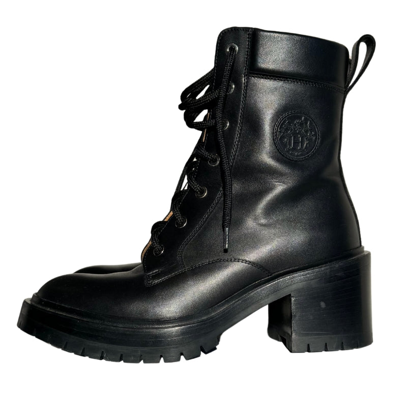 Hermes Black Leather Tie Up Combat Boots