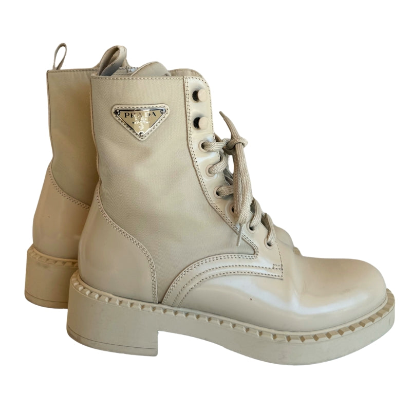 Prada Enameled Metal Triangle Nylon & Leather Combat Boots