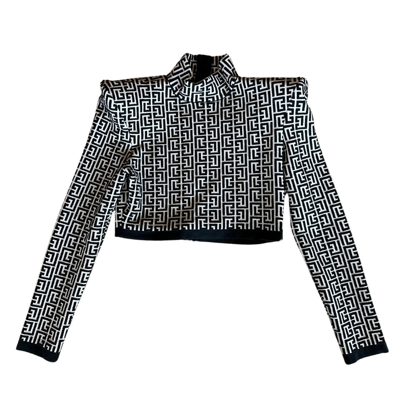 Balmain Gingham Mock Top   Size: 40   Jacquard Knit Crop Top   Pagoda Shoulder Pads  Made In Italy   45% Virgin Wool  38% Viscose   18% Polyamide   1% Elastane 