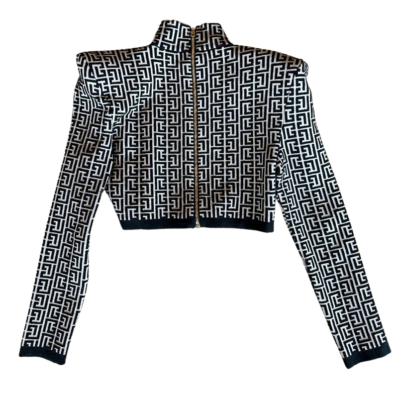 Balmain Gingham Mock Top   Size: 40   Jacquard Knit Crop Top   Pagoda Shoulder Pads  Made In Italy   45% Virgin Wool  38% Viscose   18% Polyamide   1% Elastane 