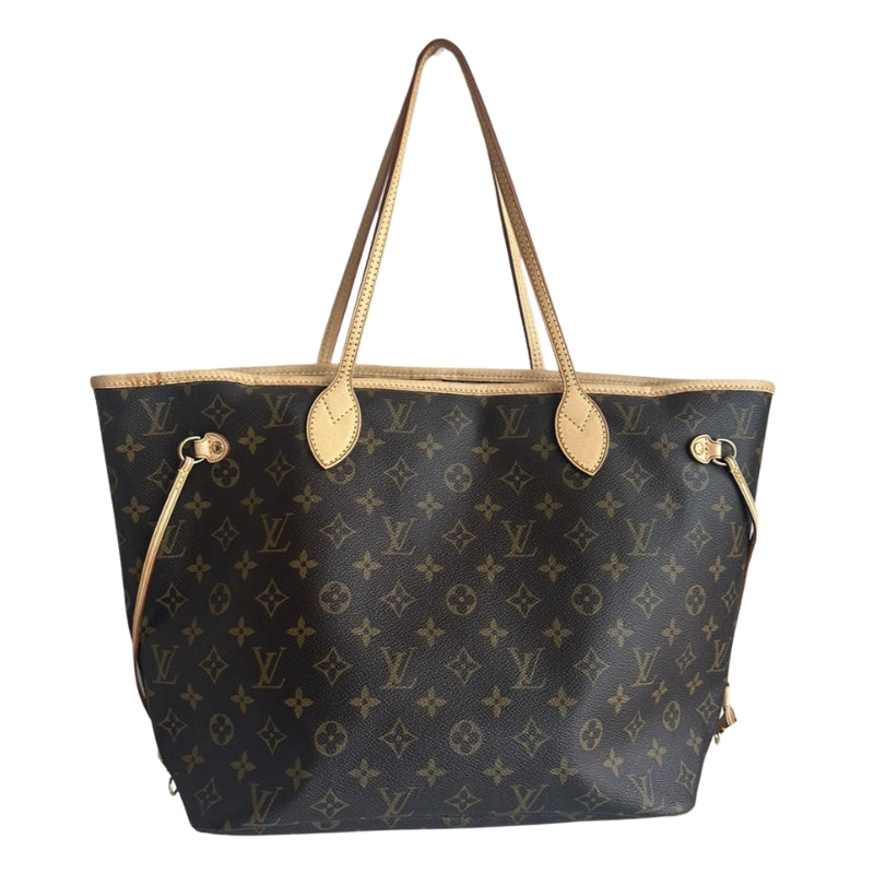 Louis Vuitton Neverfull Mono MM    Brown Coated Canvas  LV Monogram   Brass Hardware  Leather Trim   Dual Shoulder Straps  Canvas Lining  Clasp Closure at Top 