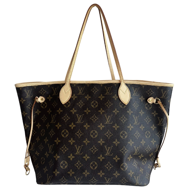 Louis Vuitton Neverfull Mono MM    Brown Coated Canvas  LV Monogram   Brass Hardware  Leather Trim   Dual Shoulder Straps  Canvas Lining  Clasp Closure at Top 