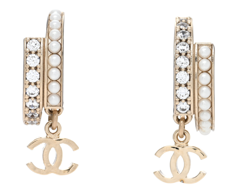 Chanel Crystal And Pearl CC Hoop Earrings - Main Image