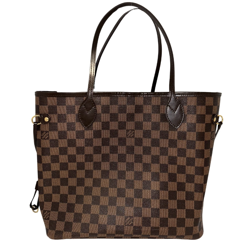 Louis Vuitton Damier Neverfull Ebene MM&nbsp;  Brown Checkered Canvas  Brown Leather Trim&nbsp;  Dual Shoulder Straps&nbsp;  Side Cinch Cords  Gold-Toned Hardware&nbsp;  Red Canvas Interior&nbsp;  Dust Bag Included  Pochette Included