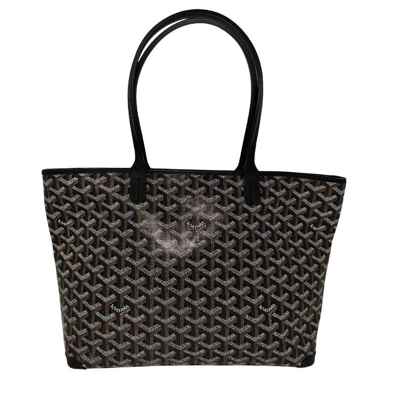 Goyard Artosis PM   Black and Brown Goyardine Canvas  Chevron Pattern  Black Leather Trim  Leather Corner Patches   Silver Top Zipper   Zipper Closure   Dust Bag Included 