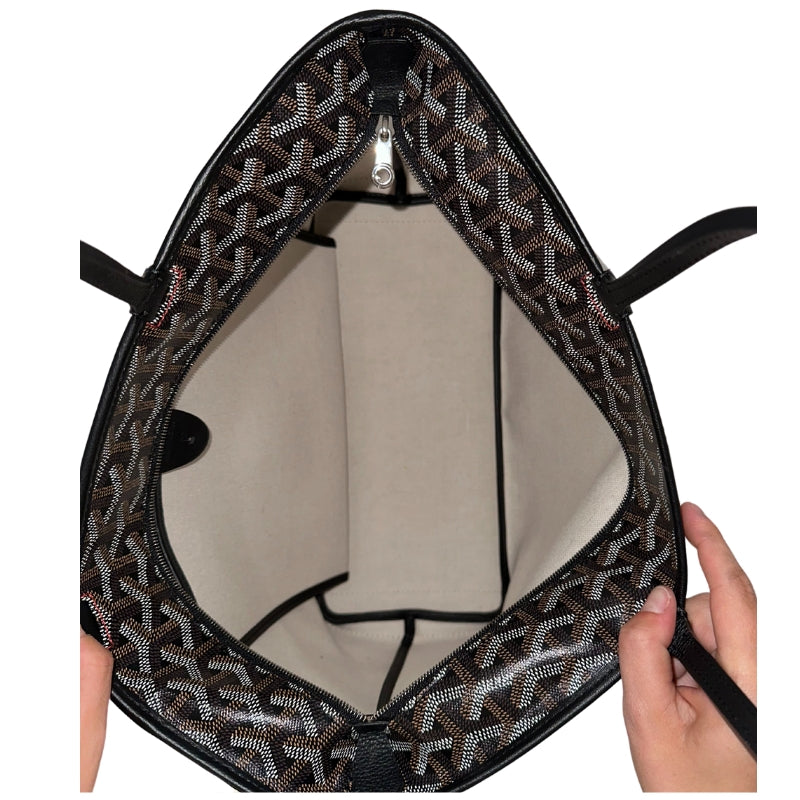 Goyard Artosis PM   Black and Brown Goyardine Canvas  Chevron Pattern  Black Leather Trim  Leather Corner Patches   Silver Top Zipper   Zipper Closure   Dust Bag Included 
