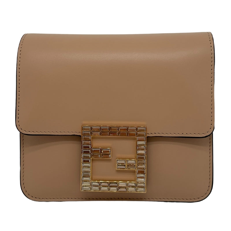 Fendi Fab Crossbody Bag Tan Leather Exterior Gold-Tone Hardware Single Adjustable Shoulder Strap Leather and Crystal Accents Brown Suede Lining & Interior with Card Slots Flap Closure at Front & Snap Closure Front