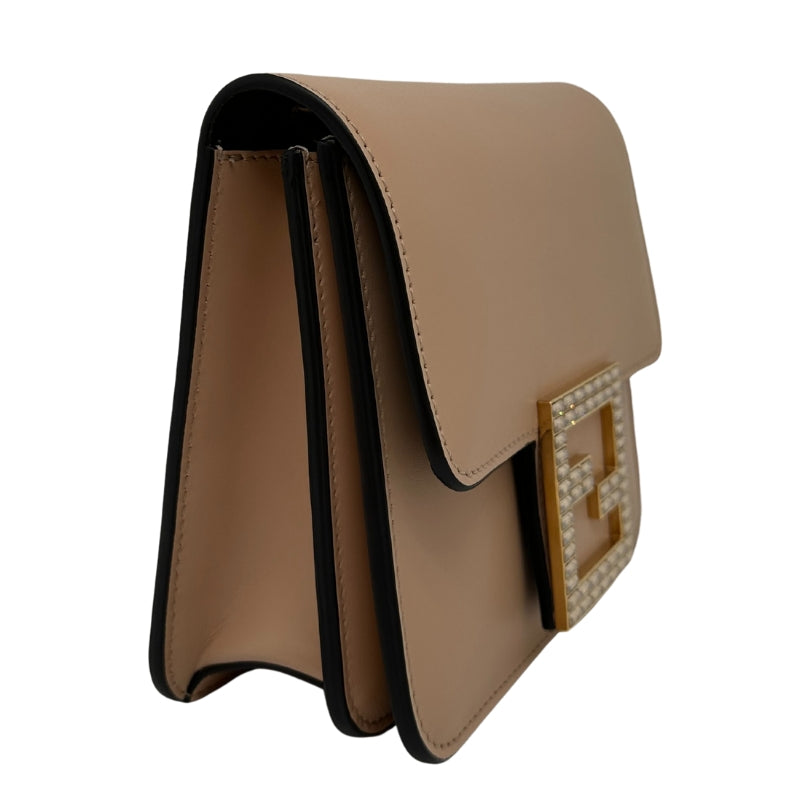 Fendi Fab Crossbody Bag Tan Leather Exterior Gold-Tone Hardware Single Adjustable Shoulder Strap Leather and Crystal Accents Brown Suede Lining & Interior with Card Slots Flap Closure at Front & Snap Closure Front