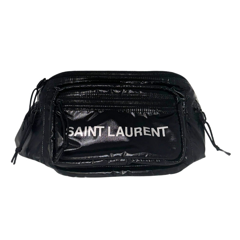 Saint Laurent Body Belt Bag Black Nylon Exterior Saint Laurent Silver Logo Adjustable Belt Strap Exterior Zipper Pockets One Main Compartment One Front Pocket Two Side Pockets One Back Pocket
