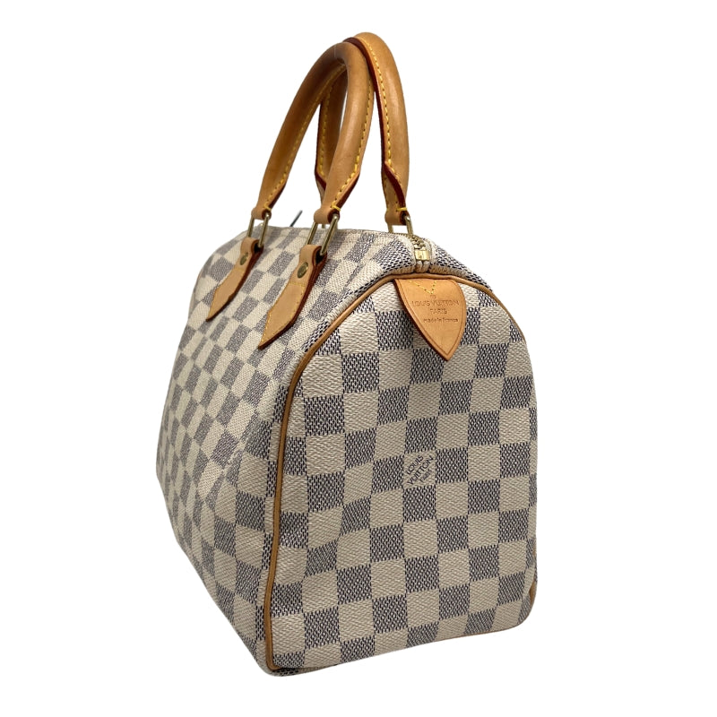 Louis Vuitton Damier Azur Speedy 25, Coated Canvas Exterior, Damier Azur Pattern, Rolled Top Handles, Brass Hardware, Leather Trim Embellishment, Canvas Lining, Single Interior Pocket, Zip Closure at Top