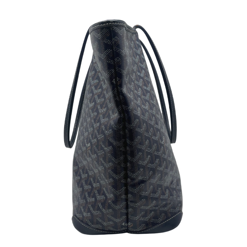 Goyard Navy Artois GM Navy Printed Exterior Silver Tone Hardware Leather Trim Dual Shoulder Straps Canvas Lining Single Interior Pocket Zip Closure at Top Condition: Good