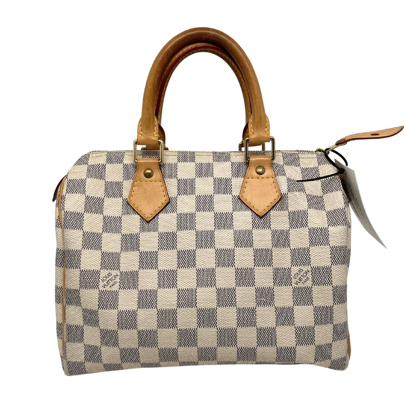 Louis Vuitton Damier Azur Speedy 25, Coated Canvas Exterior, Damier Azur Pattern, Rolled Top Handles, Brass Hardware, Leather Trim Embellishment, Canvas Lining, Single Interior Pocket, Zip Closure at Top