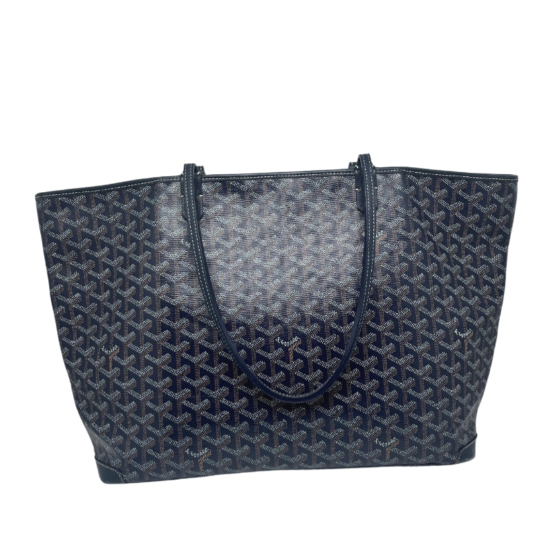Goyard Navy Artois GM Navy Printed Exterior Silver Tone Hardware Leather Trim Dual Shoulder Straps Canvas Lining Single Interior Pocket Zip Closure at Top Condition: Good