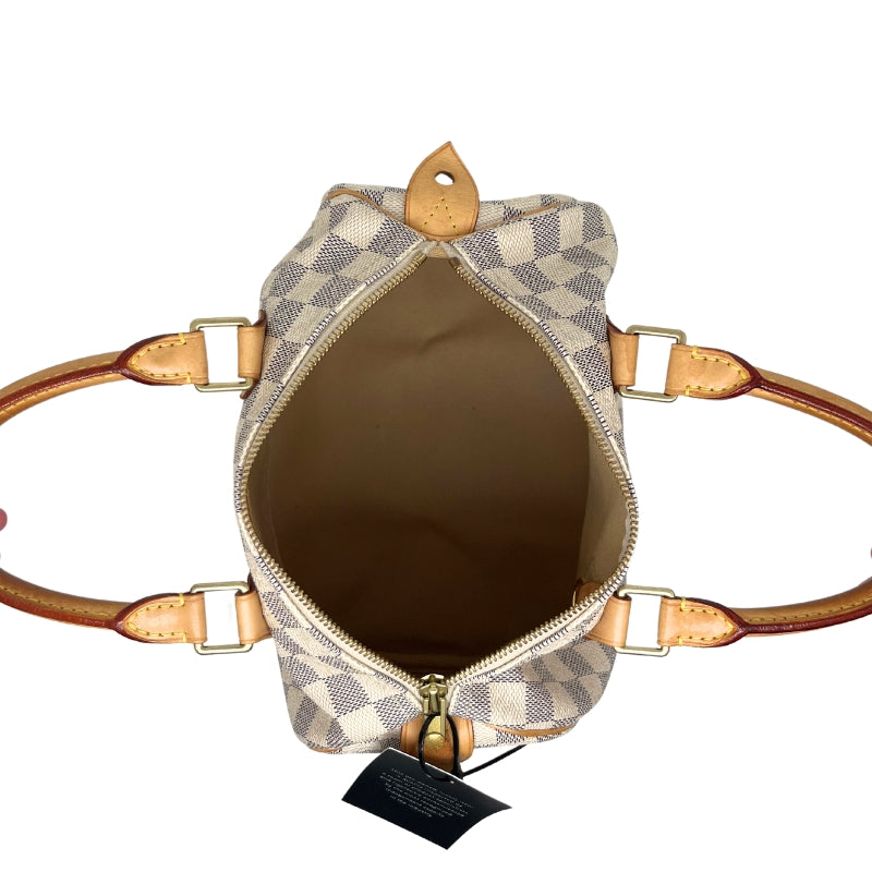 Louis Vuitton Damier Azur Speedy 25, Coated Canvas Exterior, Damier Azur Pattern, Rolled Top Handles, Brass Hardware, Leather Trim Embellishment, Canvas Lining, Single Interior Pocket, Zip Closure at Top