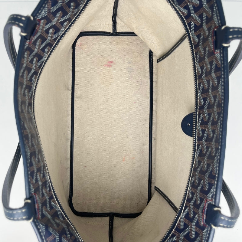 Goyard Navy Artois GM Navy Printed Exterior Silver Tone Hardware Leather Trim Dual Shoulder Straps Canvas Lining Single Interior Pocket Zip Closure at Top Condition: Good