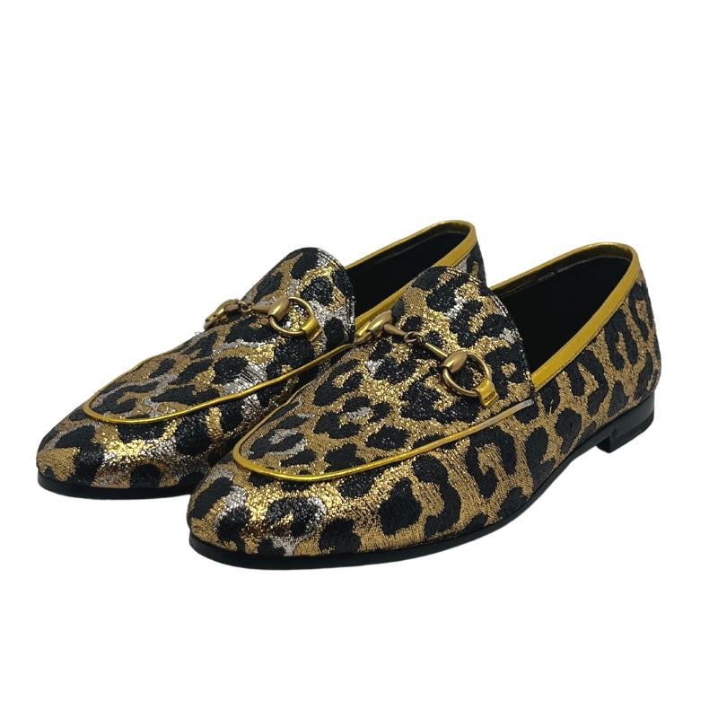 Gucci Metallic Animal Print Horsebit Loafers, Size 37, Black and Gold Animal Print, Horsebit Detail, Rounded Toe, Dust Bag Included, Condition: Excellent