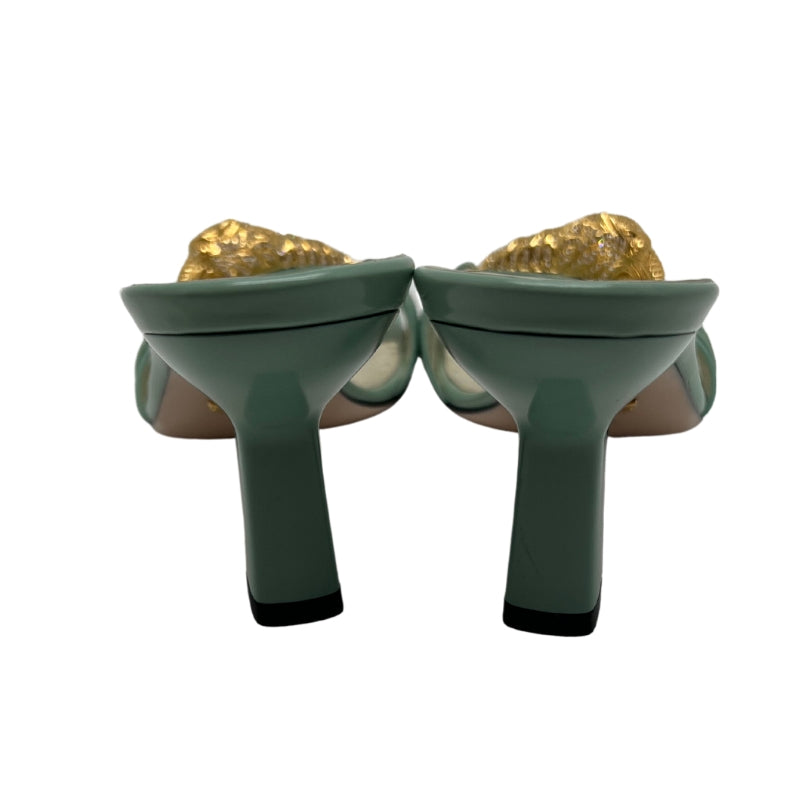 Gucci Nappa Dora Tiger Head Mid Heel| Size 9.5| Aqua Green| Strappy Heels| Lambskin Leather| Tiger Embellishments| Open Toe| Heel Height: 2"| Condition: Excellent.