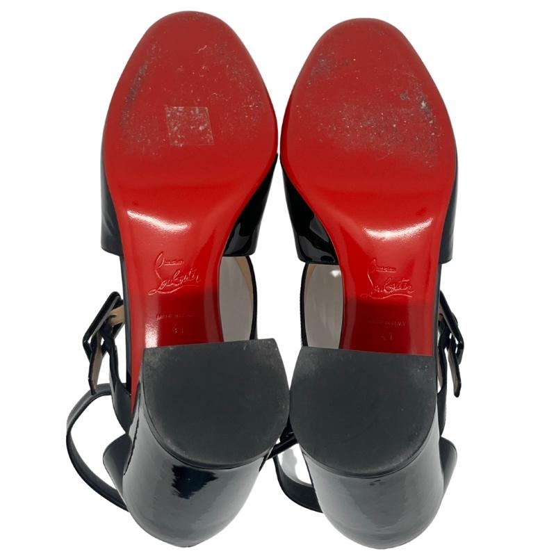 Christian Louboutin Patent Leather Mary Jane Heels, Size 41, Heel Height: 3.25", Black Patent Leather Exterior, Block Heel, Rounded Toe, Criss Cross Straps, Buck Details, Ankle Strap, condition excellent