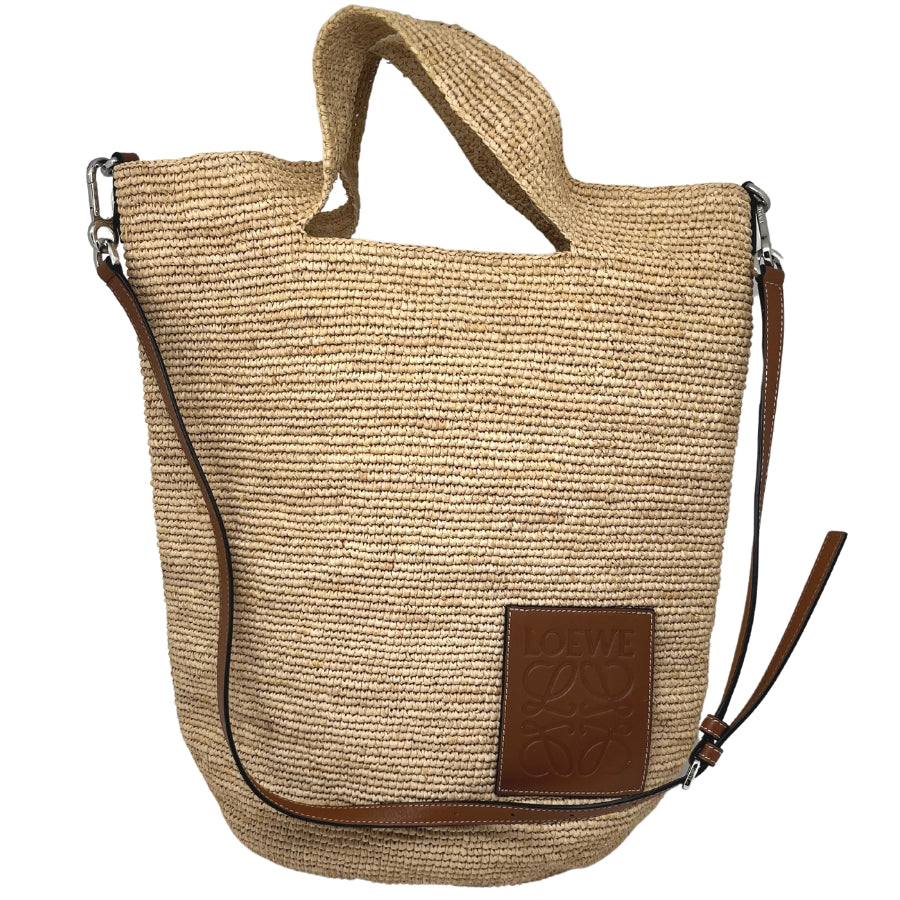 Loewe Large Raffia Slit Tote, Neutral Raffie Exterior, Leather Loewe Logo, Silver Tone Hardware, Cutout Handles, Detachable Adjustable Shoulder Strap, Open Top, Dust bag Included, Condition: Excellent