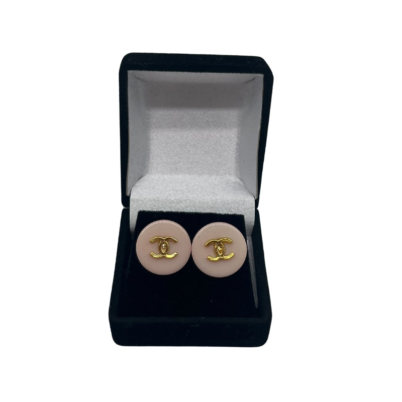 Designer Button Earrings, Authentic Chanel Buttons, Gold Hardware, Studded, Interlocking CC Logo, Pink and Blue, Condition: New