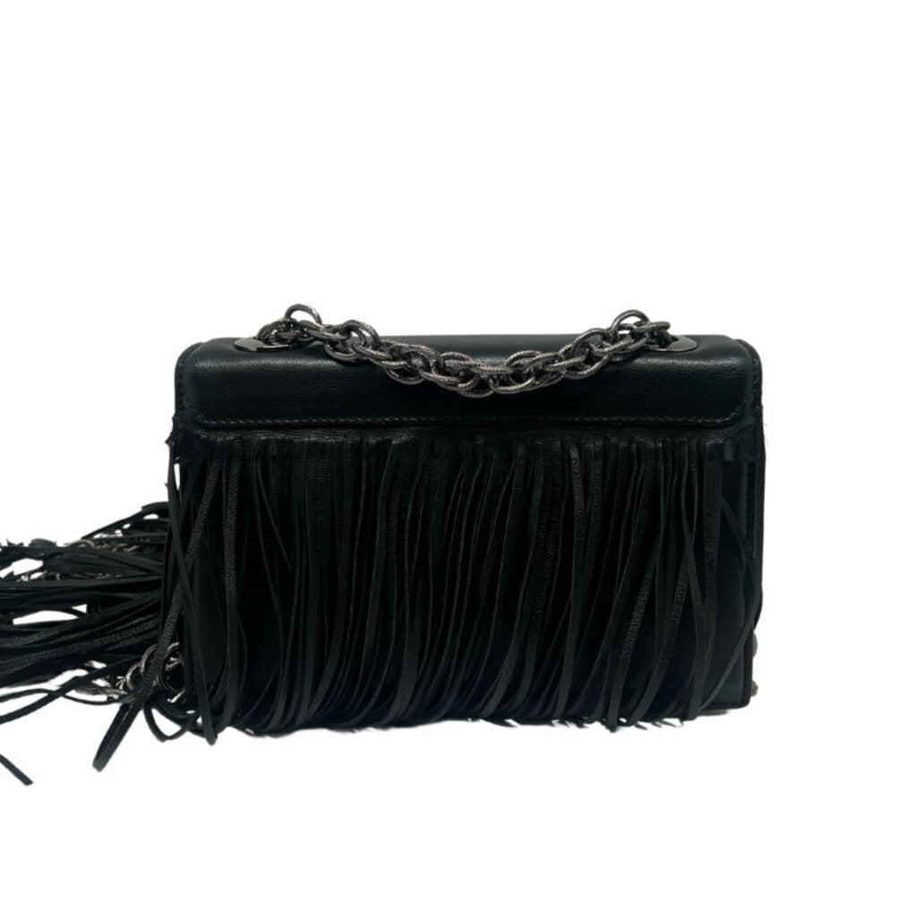 Oscar de la Renta Black Leather Fringe Tro Bag